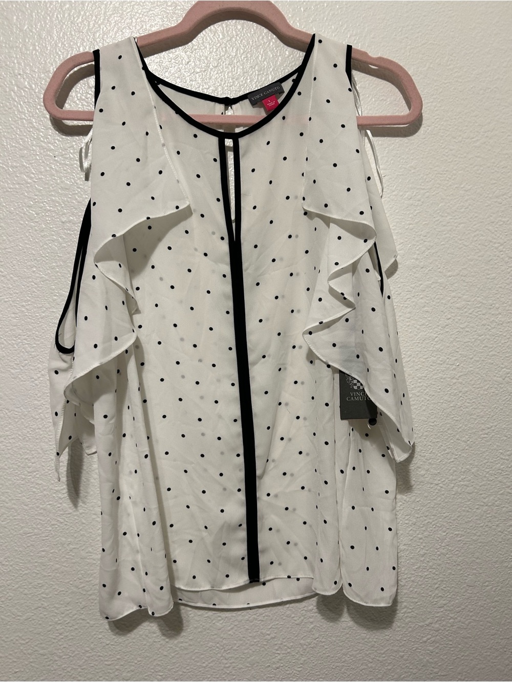 Vince Camuto White Polka Dot Cold-Shoulder Blouse with Black Trim